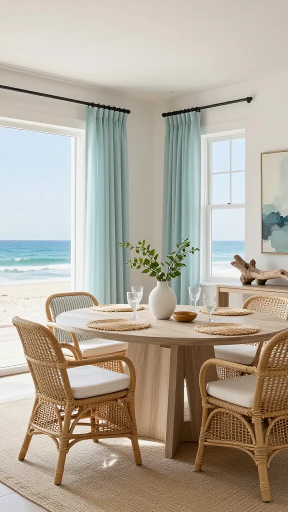 A high-resolution, realistic photograph capturing a serene Coastal Chic dining room, exuding a relaxed and airy beach house vibe. Abundant natural light streams through large windows, illuminating a central light-washed oak or whitewashed round dining table. Surrounding the table are elegant rattan or wicker dining chairs, each featuring a cushion in a subtle stripe pattern or solid crisp white. The room's color palette is dominated by crisp white walls and ceiling, complemented by sandy beige tones in a textured area rug and linen curtains. Soft blues and seafoam green accents, reminiscent of ocean hues, are subtly incorporated through decorative elements like a vase with simple greenery, glass tableware, or a piece of abstract art. Natural textures are prominent, with elements like a decorative piece of sun-bleached driftwood on a nearby console table, woven natural fiber placemats, and sheer, gently swaying curtains that suggest a soft breeze. The overall atmosphere is calming, inviting, and infused with the essence of a tranquil seaside retreat. Professional interior design photography, no text.