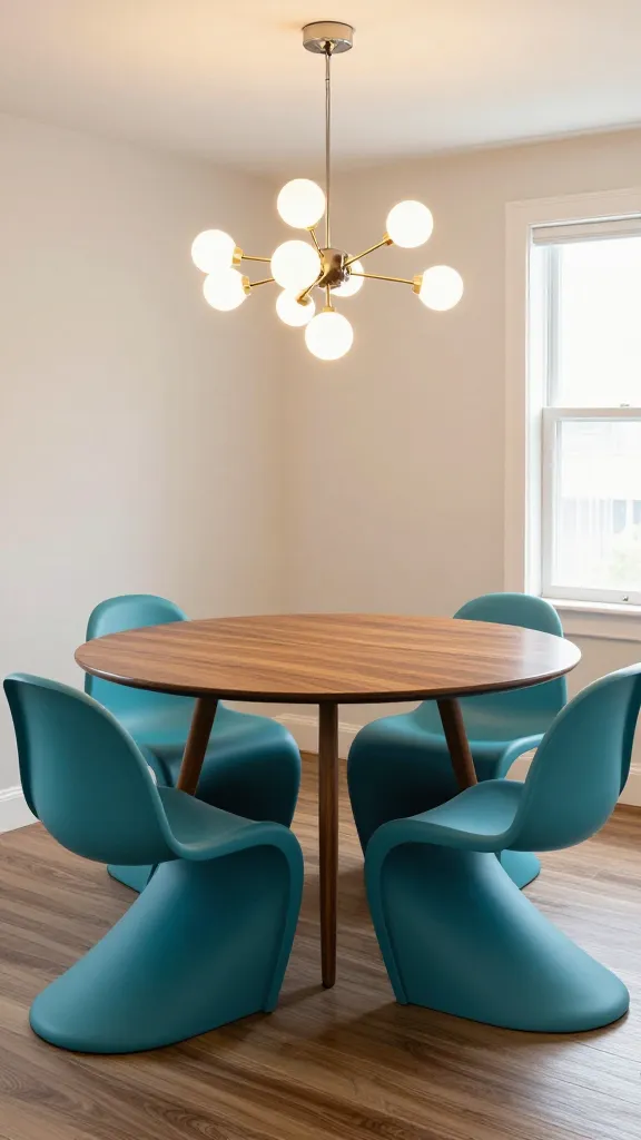 A high-resolution, professional photograph capturing a Mid-Century Modern dining room with a cozy and functional layout. The centerpiece is a classic round walnut dining table, featuring elegant tapered legs and a smooth, polished surface. Surrounding the table are four iconic Eames-style dining chairs in a vibrant teal color, their organic curves complementing the table's design. Suspended directly above the table is a striking Sputnik chandelier, casting a warm, inviting glow. The room exudes a sophisticated yet playful aesthetic, with clean lines and a timeless feel. Soft natural light streams in from a nearby window, illuminating the rich wood tones and the bold chair color. The composition is an eye-level shot, showcasing the iconic furniture pieces in a realistic setting. No text.