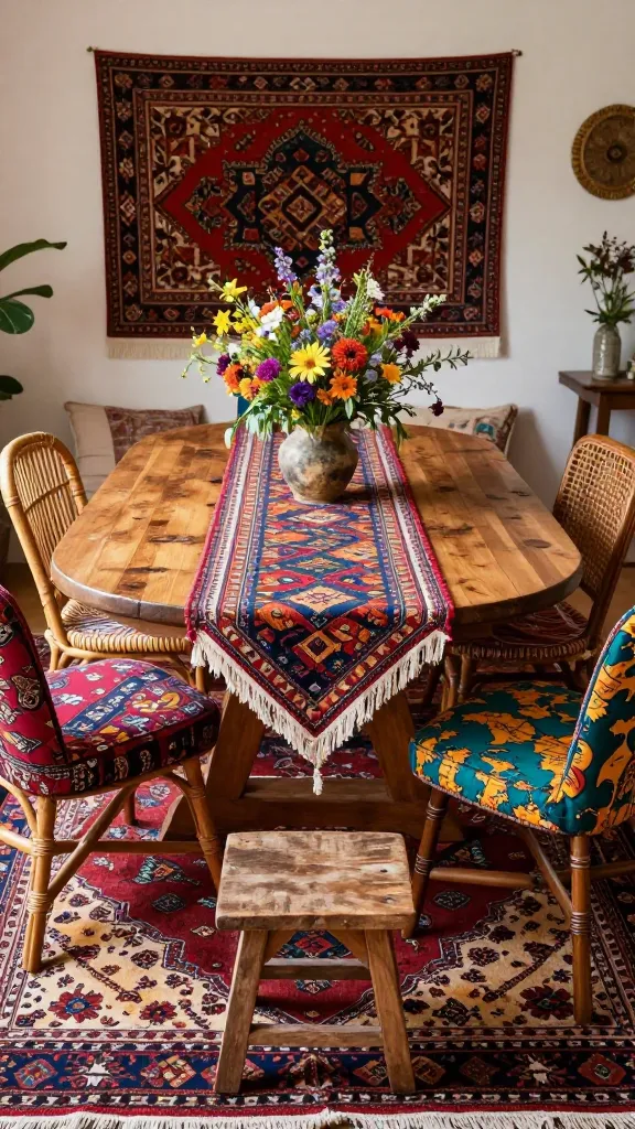 A high-quality, realistic photo capturing a vibrant and eclectic bohemian dining room. A sturdy, round wooden dining table is the central focus, beautifully draped with a colorful, patterned table runner. On top, a lush centerpiece of fresh, mixed wildflowers in a rustic vase adds a burst of natural color. The floor beneath the table is a rich tapestry of overlapping Persian and Moroccan rugs, showcasing intricate designs and warm, earthy tones. An inviting mix of chairs surrounds the table: two natural rattan dining chairs, two chairs upholstered in a bold, jewel-toned fabric with an intricate global print, and a small, weathered wooden bench. Soft, diffused natural light streams into the space, illuminating the abundant textures, patterns, and global inspirations, creating a wonderfully lived-in, cozy, and relaxed atmosphere perfect for long meals. No text.