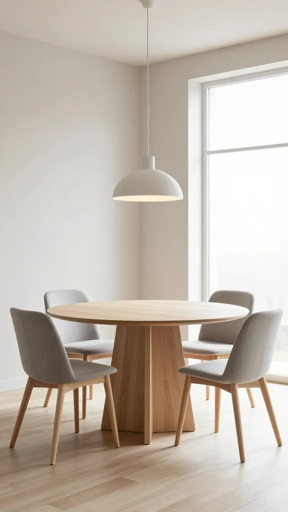 A high-quality, realistic photo of a serene Scandi minimalist dining room, generously illuminated by natural light streaming through a large window. The focal point is a pale birch round dining table, its base designed with clean, straight lines, embodying functional simplicity. Surrounding it are three simple, ergonomic dining chairs: two in matching light ash wood and one upholstered in a muted light grey fabric. A single, sleek minimalist pendant light with a soft, warm glow hangs centrally above the table. The space is immaculately uncluttered, featuring light, neutral walls, a light wood floor, and minimal, purposeful decor, creating an atmosphere of profound calm and clarity. No text.