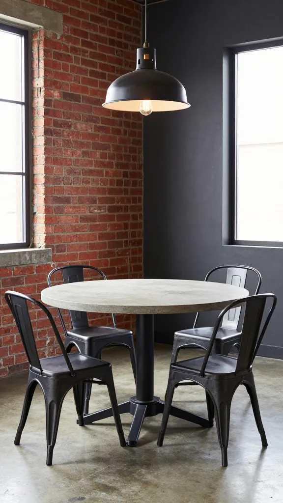 A high-quality, realistic photo showcasing an industrial loft dining area. A round dining table with a raw concrete top and a sturdy black metal pedestal base takes center stage. Surrounding it are four distressed black metal Tolix-style chairs. The background features a prominent exposed red brick wall, contrasting with an adjacent deep, moody grey painted wall. Above the table hangs a single large industrial pendant light with a black metal dome shade and an exposed filament bulb. The floor is polished concrete, reflecting the soft natural light streaming in from a large, unadorned window. The scene emphasizes raw materials, utilitarian design, and a bold, robust character, captured with sharp focus and professional photography.