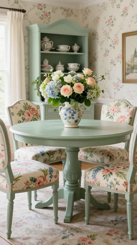 A high-quality, realistic photograph of a charming Grandmillennial dining space. A classic pedestal round dining table, painted in a soft sage green, stands as the centerpiece. It is surrounded by four upholstered dining chairs featuring a delightful chintz floral pattern in pastel pinks, blues, and greens on a cream background. On the table, a vintage ceramic vase holds a lush arrangement of fresh garden roses and hydrangeas. The room is bathed in soft natural light, with a subtle floral wallpaper adorning the walls and a vintage-inspired hutch displaying delicate porcelain behind the table. The overall atmosphere is playful, nostalgic, and inviting, showcasing a perfect blend of traditional charm and modern sensibilities. No text on image.