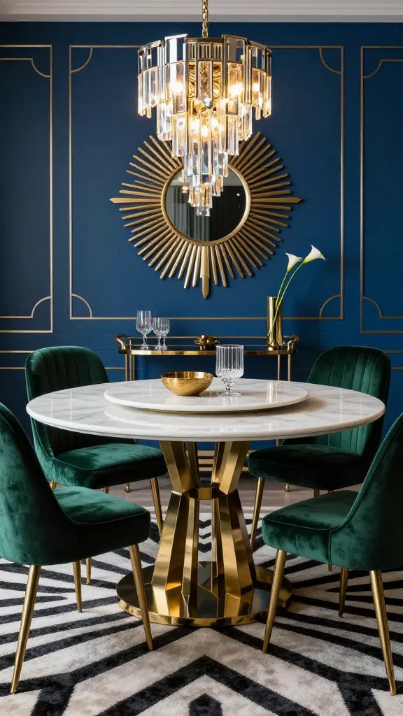 A realistic, high-quality photograph showcasing a luxurious Art Deco dining room. The central focus is an exquisite round dining table, featuring a polished white marble top resting on a striking, gleaming brass geometric pedestal base. Surrounding the table are four elegant dining chairs, upholstered in rich deep emerald green velvet with slender gold legs, embodying a sophisticated silhouette. The walls are painted a deep sapphire blue, adorned with subtle gold geometric paneling or a large, ornate sunburst mirror with a brass frame. Above the table, a magnificent Art Deco chandelier, composed of chrome and faceted crystal elements, casts a warm, inviting glow. A black and white geometric patterned rug grounds the dining area. Delicate gold and chrome decorative objects, such as a vintage bar cart with polished glassware or a vase with white calla lilies, are artfully placed in the background, enhancing the room's theatrical elegance and opulent atmosphere. The scene is bathed in soft, dramatic lighting, emphasizing the rich textures and reflective surfaces. No text.