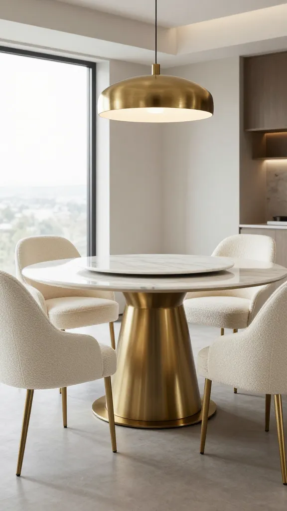 A high-quality, realistic photograph of a contemporary luxe dining room. The centerpiece is a round dining table featuring a polished white marble top and a sleek, sculptural polished brass base. Surrounding the table are four elegantly upholstered dining chairs with curved backs, covered in a textured off-white bouclé fabric, supported by slender polished brass legs. Above the table hangs a sophisticated, minimalist designer pendant light with a brushed gold finish. The room features clean lines, neutral tones, and subtle high-end finishes, exuding a refined sense of comfort and a five-star experience. The overall aesthetic is polished and modern, with soft natural light filtering in from a large window. No text.