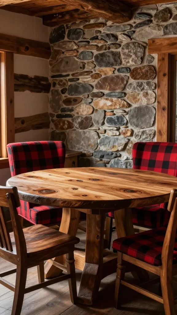 A high-quality, realistic photo capturing a rustic cabin dining room. The focal point is a chunky, solid wood round dining table, featuring prominent wood knots and a rich, natural finish. It is surrounded by a mix of sturdy, dark wood dining chairs and two plush upholstered armchairs in a classic red and black plaid fabric. A rugged stone accent wall forms the backdrop, adding to the room's earthy texture. Soft, warm ambient lighting casts inviting shadows, highlighting the natural materials and creating a cozy, relaxed atmosphere, reminiscent of a mountain retreat.