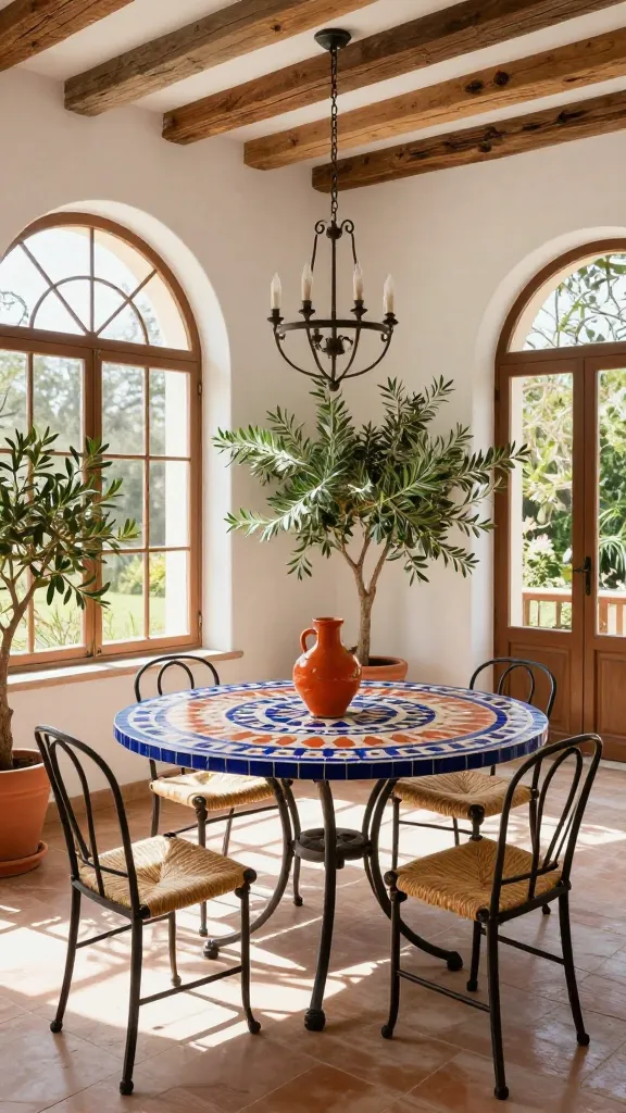A bright, airy Mediterranean dining room, bathed in warm, natural sunlight streaming through large arched windows. In the center, a round dining table features an intricate mosaic tile top in terracotta, deep blue, and creamy white patterns. It is surrounded by wrought iron chairs with natural woven rush seats. The walls are a creamy white, complemented by a light terracotta tiled floor. Lush olive green plants in terracotta pots are strategically placed, adding vibrant life. A rustic ceramic vase in a warm orange hue serves as a simple centerpiece on the table. Weathered wooden beams span the ceiling, and a simple wrought iron chandelier hangs above. The overall atmosphere is relaxed, full of old-world charm, and sun-kissed. Realistic photo, high resolution, professional photography, natural light, no people, no text.
