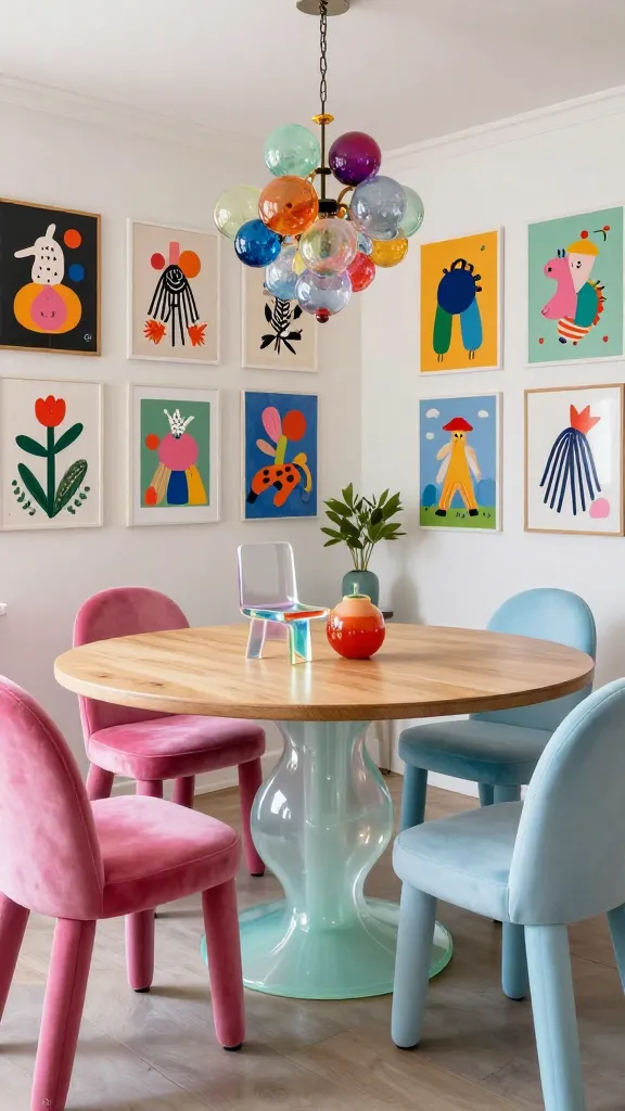 A vibrant and whimsical dining room, captured in a high-quality, realistic photograph. The focal point is a round dining table featuring a unique, sculptural base crafted from translucent, pastel mint green colored glass, topped with a smooth, light oak surface. Surrounding the table is an eclectic mix of chairs: one plush bright pink velvet dining chair, one modern chair with a quirky geometric backrest made of iridescent acrylic, and another shell-back chair in a soft pastel blue. The walls are adorned with a gallery of whimsical art, showcasing playful illustrations, abstract shapes in bold colors, and fantastical motifs, all displayed in varied frames. Above the table hangs a captivating chandelier composed of a cluster of colorful, mismatched glass globes. The room is bright and inviting, filled with natural light, emphasizing the delightful surprises and charming details throughout the space. No text.