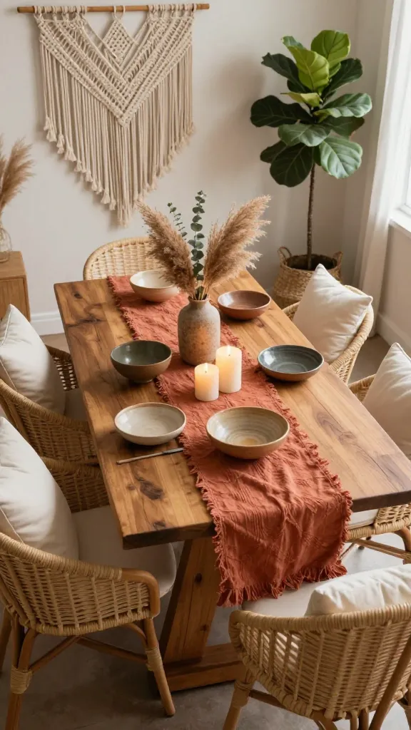 A high-angle, eye-level, realistic photo capturing a beautifully styled dining table in a warm, bohemian-inspired dining room. The sturdy, reclaimed wood dining table is the central focus, bathed in soft, natural light filtering in from a nearby window. Around it, an assortment of woven rattan chairs with plush, cream-colored cushions are invitingly arranged. A textured, hand-dyed linen table runner in a warm, muted terracotta hue drapes elegantly down the center of the table. On the runner, a curated collection of artisanal, mismatched ceramic bowls in various earthy tones, a small, rustic vase holding dried pampas grass and eucalyptus, and a few unlit, natural beeswax pillar candles are artfully arranged. In the background, a large, intricate macrame wall hanging with fringed details adds to the free-spirited vibe, while a healthy potted fiddle-leaf fig plant in a woven basket contributes to the natural, textural richness. The overall atmosphere is cozy, inviting, and rich in natural materials and earth tones, emphasizing a laid-back, artisanal feel. No text.