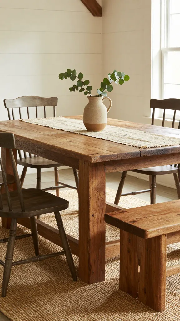 A high-resolution, professional photograph of a rustic farmhouse dining room, captured at an inviting eye-level. The focal point is a substantial, distressed pine dining table, showcasing its natural wood grain and worn texture. Seating includes a mix of classic mismatched Windsor chairs in muted, earthy tones and a long, sturdy wooden bench, creating an inviting, lived-in feel. A textured, woven jute rug lies beneath the table, adding warmth and depth. On the dining table, a simple burlap runner is laid out, gently creased, with a rustic ceramic pitcher holding a few sprigs of fresh eucalyptus as a minimal centerpiece. Soft, warm natural light streams in from a nearby window, highlighting the comfortable atmosphere. The background subtly suggests white shiplap walls or exposed wooden beams, reinforcing the farmhouse charm. No text on image.