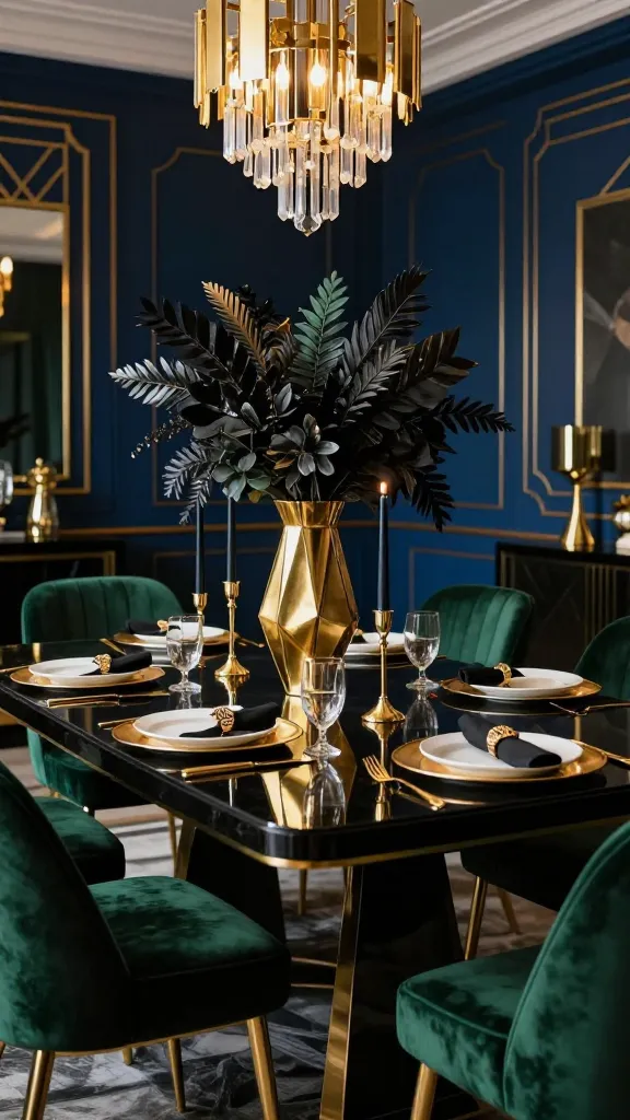 A stunning, high-quality, realistic photograph capturing an opulent Art Deco revival dining room. The focal point is a large, rectangular dining table featuring a highly reflective, polished black surface, meticulously styled with glamorous decor. Surrounding the table are elegant dining chairs upholstered in deep emerald green velvet, featuring sleek, gold-finished legs. On the table, a dramatic centerpiece consists of a tall, sculptural gold geometric vase overflowing with dark, lush foliage, flanked by slender gold candle holders with tall black candles. Each place setting features a gold-rimmed charger plate, a crisp white dinner plate, gleaming gold cutlery, and a black linen napkin secured with a gold geometric napkin ring. The background reveals a rich navy blue wall with subtle gold geometric detailing, and an exquisite Art Deco chandelier with gold and crystal elements hangs above, casting a sophisticated, warm glow. The overall atmosphere is one of dramatic luxury and refined elegance.