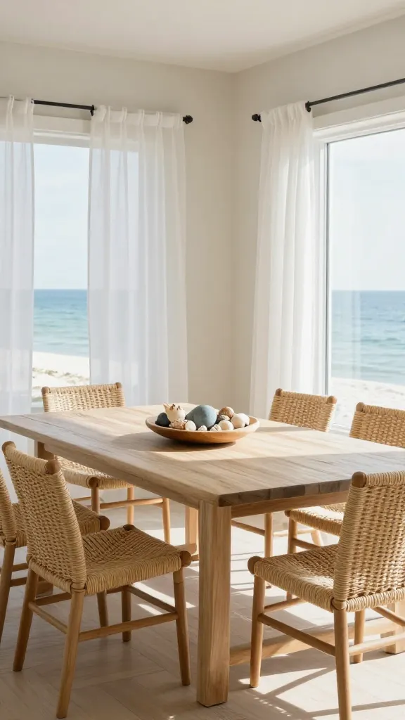 A high-quality, realistic photo of a serene coastal dining room, bathed in abundant natural sunlight. A prominent, long, light-colored driftwood-style dining table is centered in the room, surrounded by six neatly arranged woven seagrass dining chairs. The centerpiece on the table is an artfully arranged collection of diverse seashells and smooth, grey-blue stones displayed in a shallow, natural wood bowl. Large windows with sheer white linen curtains allow a gentle breeze and bright light to fill the space, offering a subtle hint of a calm ocean view in the background. The walls are painted a soft, muted off-white, and the floor is light-toned wood, contributing to the breezy, light-filled, and relaxed beach house atmosphere. The overall aesthetic features a soothing palette of whites, light blues, and natural sand tones. No text.