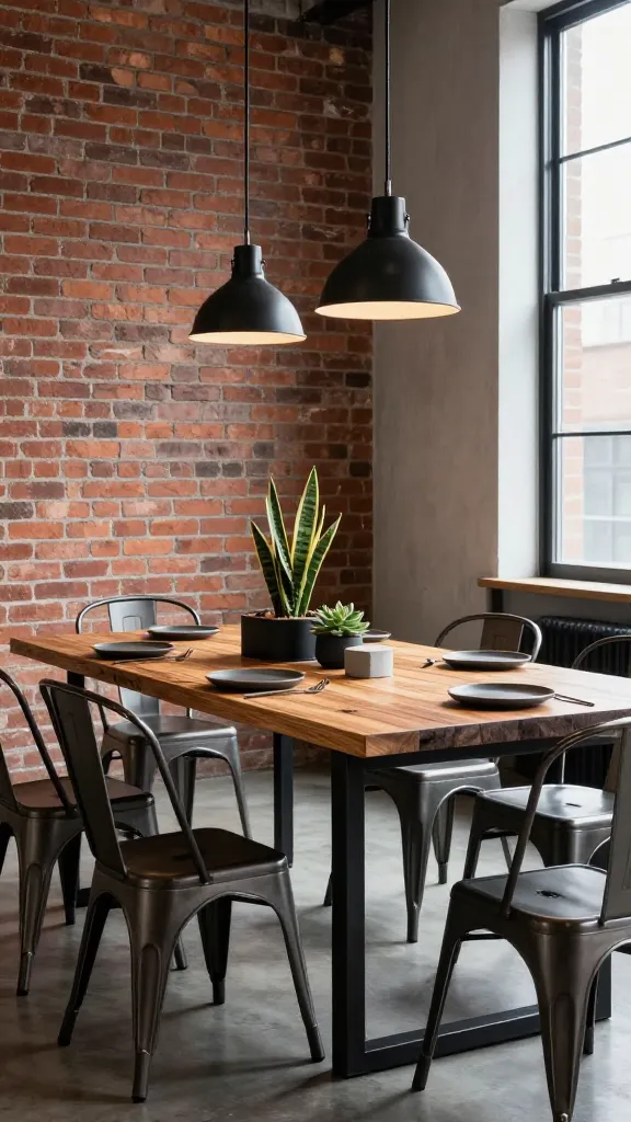 A high-quality, realistic photograph capturing an industrial urban chic dining space, centered around a substantial dining table. The table features a thick, solid reclaimed wood top with visible grain and a sturdy black metal base, crafted from blackened steel. Arranged around the table are several industrial-style dining chairs, made of dark, matte metal with clean, utilitarian lines. In the background, a prominent exposed red brick wall or a smooth concrete accent wall provides a raw, edgy backdrop. The dining table is meticulously styled with minimalist, functional decor: a centerpiece of a low, black metal planter holding a hardy, architectural plant like a snake plant or a small grouping of succulents. Nearby, a few concrete coasters and dark, matte ceramic plates with simple, unadorned cutlery are neatly placed. Above the table, a pair of sleek, black metal industrial pendant lights hang, casting a focused, warm glow. Natural light streams in from a large, unseen window, highlighting the textures of the wood, metal, and brick. The overall scene exudes a cool, sophisticated, and functional Brooklyn loft aesthetic. No text.
