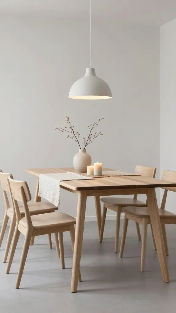 A high-quality, realistic photograph of a Scandinavian Hygge dining room. The central focus is a simple, light birch wood dining table with elegant tapered legs, embodying clean lines and functionality. It is surrounded by minimalist chairs crafted from complementary light wood, designed for comfort. The room's color palette is dominated by soft whites, muted greys, and light beiges, creating a serene and inviting atmosphere. Soft, warm natural light gently illuminates the space, complemented by the subtle glow of a simple, modern pendant light above the table. On the table, a minimalist decor arrangement featuring a simple ceramic vase with a few delicate dried branches and a couple of unscented pillar candles adds to the cozy retreat vibe. Subtle natural textures, like a light linen table runner or woven placemats, enhance the warmth. The overall scene evokes a feeling of calm contentment and a 'warm hug'.