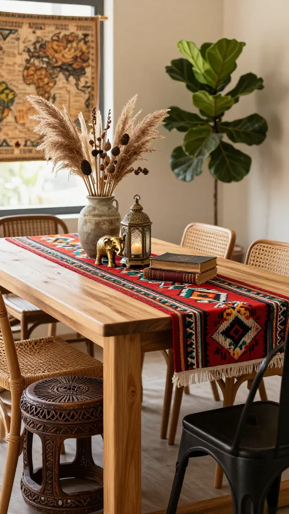 A high-quality, realistic photo capturing an eclectic global wanderer dining space. The central focus is a sturdy, natural light wood dining table, partially covered by a vibrant, bold patterned runner with an ethnic-inspired design (e.g., Kilim or Ikat). Around the table, mismatched dining chairs are arranged: a woven rattan chair, an intricately carved dark wood stool, and a vintage-style black metal bistro chair. The table is adorned with a curated collection of treasures, including a hand-thrown ceramic vase holding dried pampas grass and exotic seed pods, a small brass elephant figurine, a stack of antique travel books, and a unique Moroccan-style lantern candle holder. In the background, soft natural light streams from a window, illuminating a warm-toned wall decorated with a subtle global textile art piece and a large potted fiddle-leaf fig plant, creating a personal, well-traveled, and utterly unique atmosphere. Shot with a slight shallow depth of field, focusing on the table and its immediate surroundings. No text.