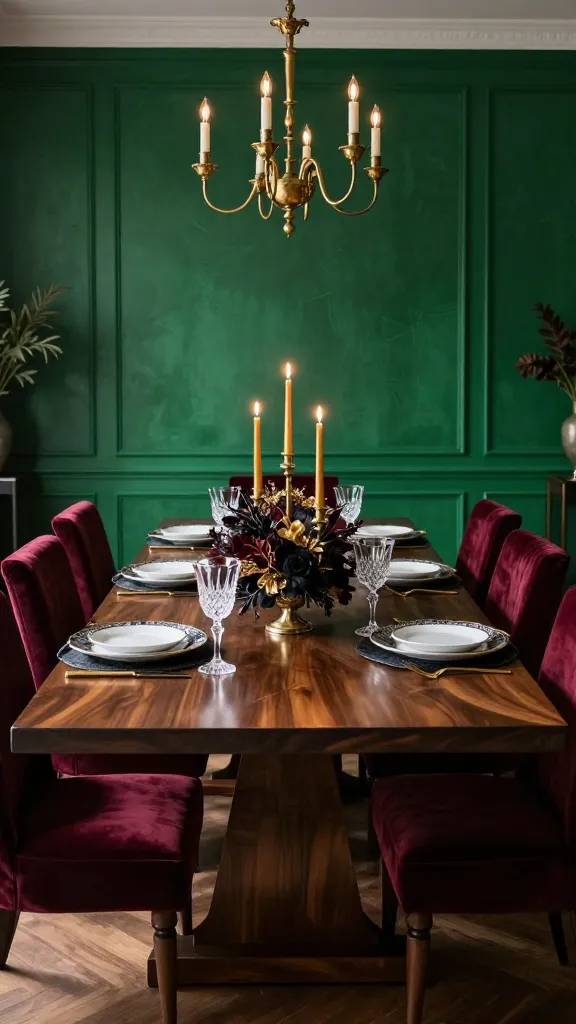 A high-quality, realistic photograph of a luxurious Moody Maximalist dining room. The walls are painted in a deep emerald green with a subtle, rich texture. Centered in the room is a grand, polished dark walnut dining table, impeccably dressed. Surrounding it are opulent dining chairs upholstered in rich burgundy velvet, featuring dark wood legs. The dining table decor is a feast for the eyes: a dramatic, sprawling centerpiece composed of dark, lush florals with subtle gold accents, flanked by an array of gleaming brass candlesticks holding flickering amber taper candles. Each place setting features intricate dark-patterned charger plates topped with crisp white dinnerware, complemented by polished gold flatware, sparkling cut crystal glassware, and dark, luxurious fabric placemats. Overhead, a statement brass chandelier casts a warm, inviting glow, enhancing the room's opulent and captivating jewel-box atmosphere.