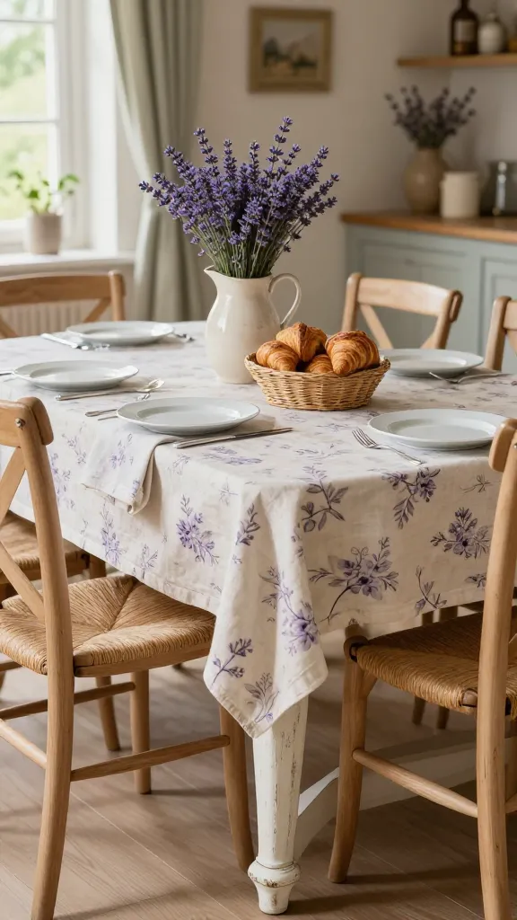 A high-quality, realistic photograph captures a charming French countryside dining room. A long, distressed white-painted dining table, draped with a cream linen tablecloth featuring a delicate, muted lavender floral pattern, stands center. Around it, several classic light wood cross-back dining chairs with woven rush seats are neatly arranged. The table is elegantly set with simple white ceramic plates, folded linen napkins, and classic silverware. A rustic ceramic pitcher overflowing with fresh lavender sprigs serves as the centerpiece, flanked by a woven bread basket holding a few golden-brown, freshly baked croissants. Soft, natural light streams into the room, creating a warm, inviting atmosphere, with a subtly blurred background hinting at a rustic farmhouse interior.