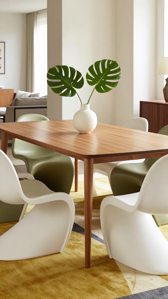 A high-resolution, professional interior design photograph of a Mid-Century Modern Revival dining room. The central element is a sleek, polished teak dining table featuring slender, tapered legs. Surrounding the table are a set of iconic Eames-style dining chairs with their characteristic molded forms, some in a classic white and others in a muted olive green, embodying clean lines and organic shapes. Beneath the table, a bold, geometric area rug in shades of mustard yellow, charcoal grey, and cream anchors the space. The tabletop features minimal decor: a single, sculptural matte white ceramic vase holding a solitary, architectural Monstera leaf. Soft, natural light streams into the room, highlighting the textures and colors. The background subtly hints at a sophisticated living space, perhaps with a walnut credenza or a large window, but the focus remains sharply on the dining table and chairs. No text.