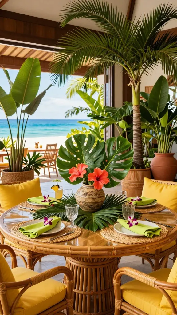 High-quality, realistic photograph of a vibrant and lush tropical oasis dining space. A round rattan dining table serves as the centerpiece, adorned with an elaborate arrangement of large Monstera leaves, palm fronds, and bright coral hibiscus flowers in a textured, natural ceramic vase. The table is set with woven straw placemats, simple white dinner plates, and folded linen napkins in a vibrant lime green, each secured with a small, fresh orchid. Clear glassware, one containing a drink garnished with a pineapple wedge and a small umbrella, hints at tropical refreshments. Surrounding the table are comfortable rattan dining chairs with plush, sunny yellow cushions. The room is bathed in warm natural light, enhancing the rich greens, yellows, ocean blues, and warm corals of the decor. Abundant potted tropical plants, including a large palm and a bird of paradise, are strategically placed around the room in woven baskets and terracotta planters, creating a lush, immersive environment. A large window in the background offers a glimpse of a bright, sunlit outdoor area, further enhancing the vacation feel. The overall aesthetic is one of relaxed elegance and vibrant energy, capturing the essence of a luxurious tropical escape. Professional interior photography, sharp focus, natural lighting, no text.