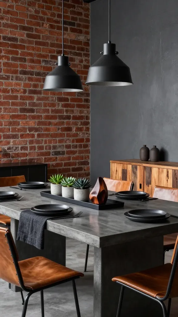 A high-resolution, professional interior photograph captures an 'Urban Loft Industrial Chic' dining space. The focal point is a substantial, smooth dark grey concrete dining table, its surface subtly reflecting the ambient light. Surrounding it are dining chairs with sleek black metal frames and rich, cognac-toned leather seats, providing a warm contrast. The raw beauty of the space is defined by an exposed red brick wall on one side and a smooth, dark grey concrete wall on the other. Above the table, a pair of minimalist black metal industrial pendant lights cast a focused glow. The dining table decor is curated and sophisticated: a long, low black metal tray holds a few small, dark green succulents in raw concrete pots, alongside a single, sculptural piece of polished dark wood. Each place setting features a stack of matte black ceramic plates and black minimalist cutlery. A deep charcoal linen table runner adds subtle texture. Warm reclaimed wood accents are visible on a nearby console table, softening the overall industrial edge. The scene is bathed in soft, natural light, emphasizing the refined ruggedness and cool, curated vibe. No text.