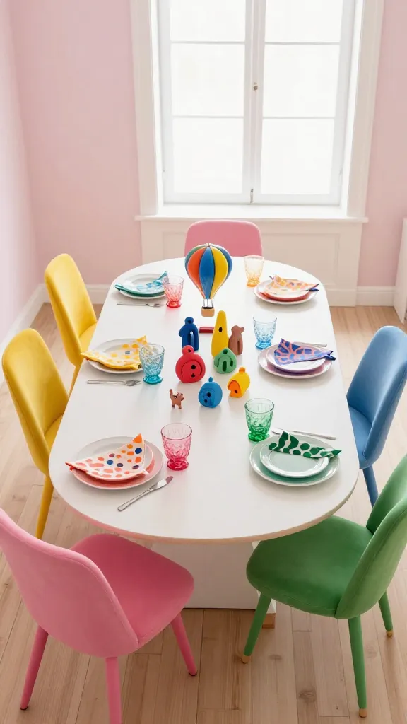 A high-angle, realistic photograph capturing a vibrant and whimsical dining space. A clean, rectangular white dining table serves as the central focal point, bathed in bright, soft natural light from a large window. Surrounding the table is an eclectic collection of mismatched dining chairs, each a distinct style and bold color: one bright pink, one sunny yellow, one sky blue, and one vibrant green. The tabletop is adorned with an imaginative centerpiece featuring a playful arrangement of colorful, abstract ceramic shapes, interspersed with unexpected details like miniature hot air balloons and tiny, fantastical animal figurines, all in the specified bright pinks, yellows, blues, and greens. Each place setting features a simple white plate layered with a uniquely patterned, colorful napkin (e.g., polka dots, stripes, or abstract swirls) from the whimsical palette, alongside clear, playfully shaped glassware. The room itself is bright and airy, with light wooden floors and soft, pastel-toned walls, enhancing the joyful and surprising atmosphere. No text.