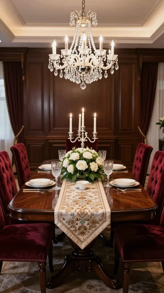 A breathtaking, high-resolution photograph capturing an elegant traditional grandeur dining room. The centerpiece is a substantial, dark mahogany dining table with intricate hand-carved details on its legs and apron, boasting a high-gloss, reflective polished finish. Surrounding the table are high-backed, fully upholstered dining chairs in a rich, deep burgundy velvet, featuring elegant tufting and decorative brass nailhead trim. Suspended directly above the table is a magnificent multi-tiered crystal chandelier, casting a warm, inviting glow. On the table, a luxurious embroidered silk table runner stretches down the center, adorned with an ornate silver candelabra holding flickering taper candles, flanked by a lush, low floral centerpiece of classic white roses and deep green foliage. Each place setting features fine bone china with gold accents, sparkling crystal stemware, and polished silver cutlery, all contributing to an air of refined sophistication. The room features deep-toned walls with classic wainscoting, and heavy, floor-length drapes, enhancing the timeless charm and welcoming formality.
