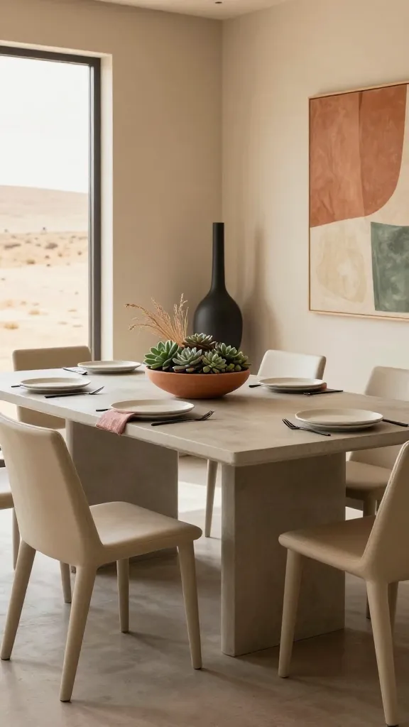 A high-quality, realistic photo of a modern dining room showcasing a "Desert Modern Oasis" aesthetic. The focal point is a sleek, rectangular dining table with a smooth concrete top, surrounded by six simple, sculptural dining chairs in a matte sandy beige finish. On the table, a minimalist centerpiece features a low, wide terracotta ceramic bowl filled with an artful arrangement of muted green succulents and wispy dried grasses. The table is set with matte white dinner plates, sleek black cutlery, and natural linen napkins in a dusty pink hue, adding subtle pops of color. The room features warm sandy beige walls, with soft, natural light streaming in, hinting at a blurred, sun-baked desert landscape outside. A large, abstract artwork in warm terracotta, sandy beige, and muted green tones hangs on an adjacent wall, while a tall, slender black floor vase stands in the corner, providing a crisp contrast. The overall atmosphere is chic, calm, and effortlessly cool, embodying warm earth tones, clean modern lines, and natural textures.