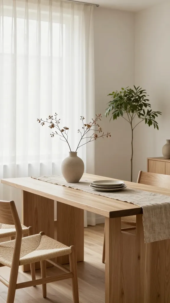 A high-quality, realistic photo of a Japandi style dining area, bathed in soft, diffused natural light from a large window with sheer linen curtains. The main subject is a minimalist, light ash wood dining table with clean, simple lines, centrally placed. On the table, a single elegant dried botanical branch stands in a handcrafted, matte ceramic vase, accompanied by a subtle linen table runner in a muted, natural tone, and a small stack of neatly arranged, textured ceramic plates. Ergonomic dining chairs made of light wood with woven natural fiber seats (like paper cord or light linen) are positioned around the table. In the background, a tall, slender houseplant in a simple, unglazed ceramic pot adds a touch of organic green. The walls are a warm, off-white, and the flooring is light wood, creating a serene, uncluttered, and balanced atmosphere with an emphasis on natural materials and intentional design. No text.