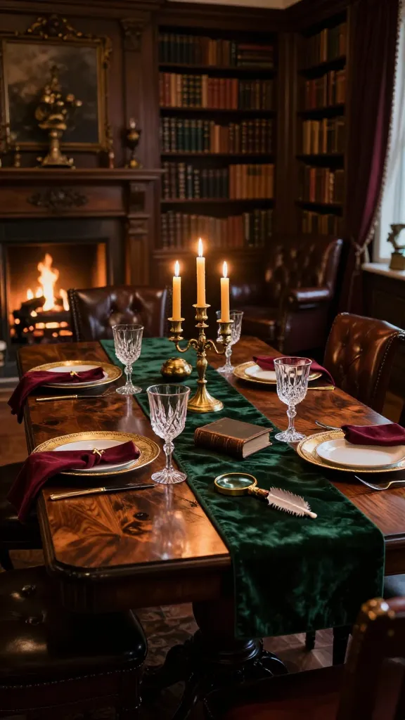 A high-quality, realistic photograph capturing a substantial, dark wood dining table with a rich, antique patina, meticulously set for a lavish feast. The table is draped with deep forest green velvet runners and accented with rich burgundy linen napkins, vintage gold-rimmed plates, and sparkling crystal glassware. Ornate brass candlesticks hold flickering amber candles, casting a warm, inviting glow across the scene. Scattered amongst the place settings are antique leather-bound books, an aged brass magnifying glass, and a preserved quill pen. The table is positioned centrally within a grand, dimly lit dark academia library, featuring towering dark wood bookshelves filled with ancient tomes, a roaring fireplace with a carved mantelpiece, and comfortable leather armchairs in the background, all bathed in the warm, muted light of a late evening. The overall atmosphere is sophisticated, mysterious, and deeply inviting, with a dominant color palette of deep forest green, rich burgundy, warm browns, and muted gold. No text.