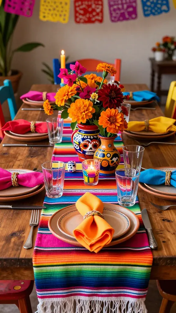 A high-quality, realistic photo of a vibrant fiesta-themed dining table set for a celebration. A sturdy, rustic dark wood dining table serves as an earthy base, adorned with a colorful serape-style table runner bursting with bright fuchsia, sunny orange, electric blue, lime green, and fiery red stripes. The centerpiece is an exuberant, sprawling arrangement of fresh flowers, including fuchsia bougainvillea, orange marigolds, and red dahlias, spilling from hand-painted Talavera pottery vases of various sizes. Scattered amongst the flowers are small, colorful decorative calaveras and clear glass votive holders with brightly colored candles. Each place setting features a natural-toned ceramic dinner plate, topped with a folded, brightly colored cloth napkin (alternating fuchsia, sunny orange, and electric blue) secured with a simple woven napkin ring. Clear glass tumblers and traditional, rustic cutlery complete the settings. In the background, hints of brightly painted chairs and a lively, festive room with subtle papel picado banners add to the joyful atmosphere. The scene is bathed in warm, inviting light, emphasizing the rich textures and bold, celebratory colors. No text.