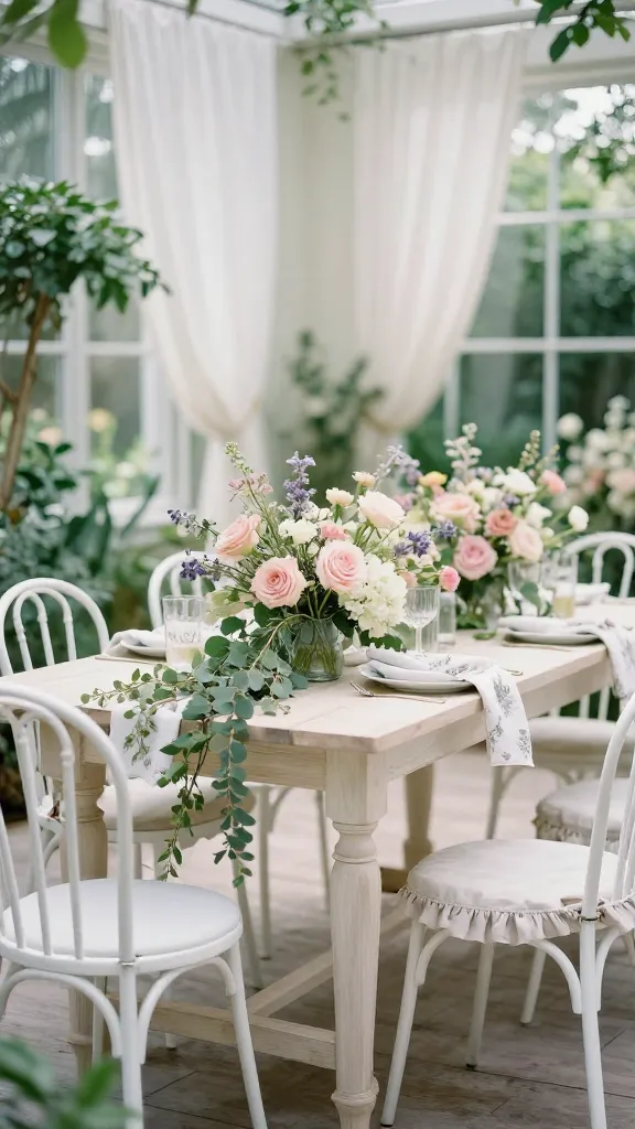 A realistic, high-quality, professional interior design photograph of an enchanting indoor garden party dining setting. A light-colored dining table, either painted white with a subtle aged finish or natural light wood, stands centrally. It is surrounded by delicate, feminine dining chairs, such as white painted metal bistro chairs with intricate backs or slipcovered chairs with soft ruffles in a light, airy fabric. The table is adorned with an abundant, sprawling centerpiece of fresh flowers and greenery, including various blooms like soft pink roses, white hydrangeas, lavender, and trailing ivy or eucalyptus, arranged in an array of clear glass vases and scattered artfully. Place settings feature delicate linen napkins with subtle botanical prints, simple white ceramic plates, and elegant cutlery. Natural light floods the space from large windows, filtered by sheer white curtains, creating a fresh, airy, and romantic atmosphere. The background subtly hints at a garden with soft lighting, light-colored walls, and perhaps a large potted plant, evoking a magical secret garden feel indoors. No text on image.