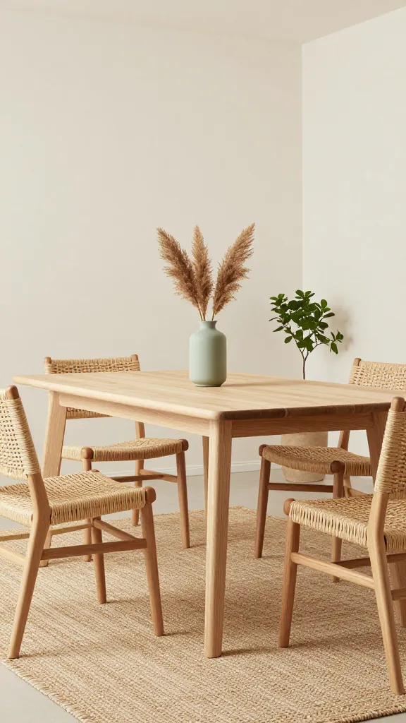 A high-resolution, professional interior photograph showcasing a Scandi-Boho dining space, bathed in abundant natural light. The focal point is a sturdy, modern dining table crafted from light-toned solid wood, such as ash or birch, featuring simple, clean Scandinavian-style legs. Surrounding it are woven rattan dining chairs, their natural texture contributing to the bohemian charm. The walls are a warm, creamy off-white, creating an inviting and light-filled atmosphere. Subtle accents of soft sage green appear in a minimalist ceramic vase holding dried pampas grass on the tabletop. The space is grounded by a textured, natural fiber rug in a neutral tone, and a small, leafy potted plant adds a touch of organic life. The overall aesthetic perfectly marries Scandinavian minimalism with free-spirited bohemian textures, conveying a warm, stylish, and serene sanctuary. No text.