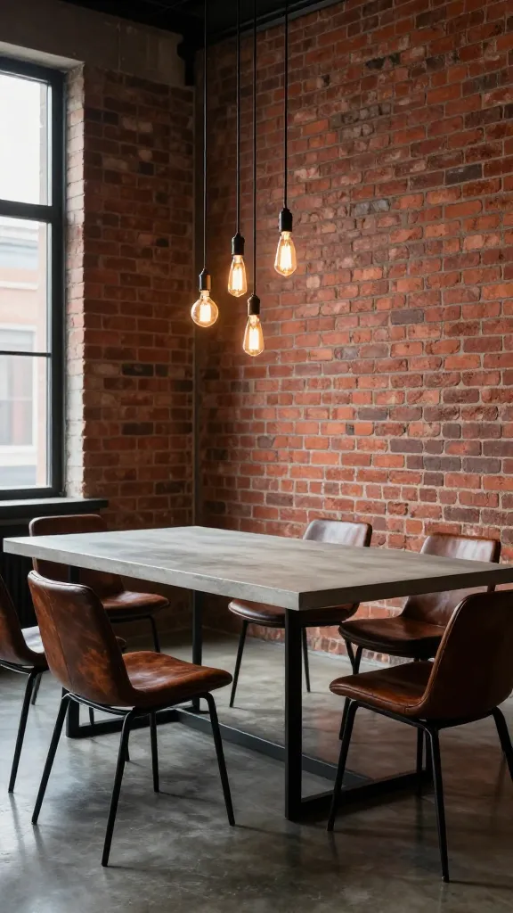 A high-resolution, realistic photograph of a modern industrial dining room in an urban loft setting. The focal point is a robust, rectangular dining table featuring a smooth, light grey concrete top supported by sleek black metal legs. Surrounding the table are contemporary dining chairs with slender black metal frames and seats upholstered in rich, distressed dark brown leather. Above the table, a cluster of exposed filament Edison bulbs hang from black textile cords at varying heights, casting a warm, inviting glow. The backdrop showcases a prominent feature wall of textured red exposed brick, enhancing the industrial aesthetic. The floor is a dark, polished concrete, reflecting the soft ambient light. Natural light streams in from a large window, highlighting the sophisticated blend of raw materials and refined design.