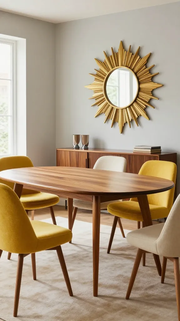 A high-quality, realistic photograph of a sophisticated Mid-Century Modern dining room. The centerpiece is an oval teak dining table with elegantly tapered legs, polished to a warm sheen. Surrounding the table are classic Eames-style dining chairs, some upholstered in a playful mustard yellow fabric, others in a neutral cream, showcasing clean lines. In the background, a striking gold starburst mirror hangs prominently on a light gray wall, reflecting soft, diffused natural light streaming from a large window. The room incorporates subtle warm walnut wood accents, possibly on a credenza or a minimalist wall shelf, and features a soft cream area rug. The overall aesthetic is a fresh, contemporary spin on 1950s and 60s design, blending iconic shapes, warm woods, and a vibrant pop of color, creating an undeniably fun yet refined atmosphere. No text.