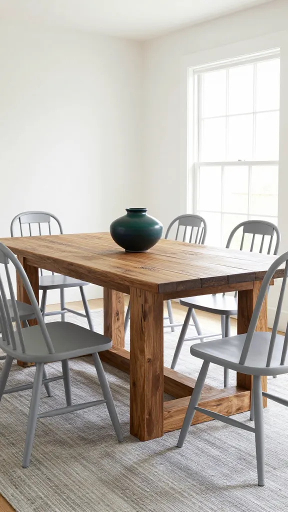 A beautifully styled modern farmhouse dining room, centered around a substantial, rectangular dining table crafted from richly textured reclaimed wood with a subtly distressed finish. Surrounding the table are elegant Windsor-style dining chairs, painted in a refined soft gray, offering a contemporary touch. The room features crisp white walls, complemented by soft greige elements in a textured area rug or linen napkins. Abundant natural light streams in from a large window, highlighting the natural wood tones and creating a warm, inviting atmosphere. A simple ceramic vase with a subtle pop of navy or deep forest green sits as a minimalist centerpiece on the table. Professional interior photography, sharp focus, realistic textures, high resolution.