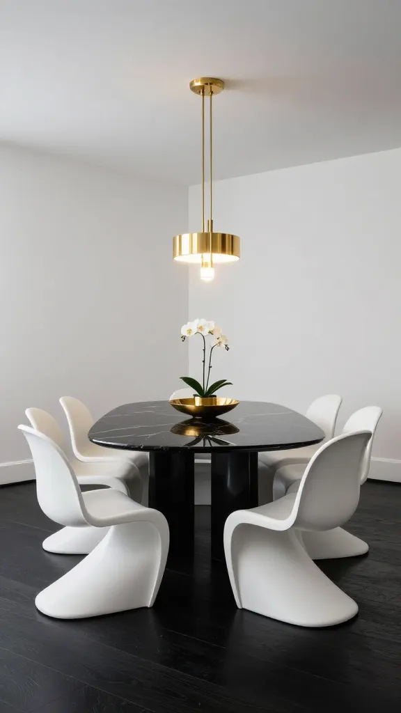 A realistic, high-quality professional interior photograph showcasing a high-contrast contemporary dining room. The central focus is a sleek, rectangular black marble dining table with a polished finish, embodying sharp lines and a bold presence. Around the table are six sculptural white dining chairs, their unique silhouettes providing a striking counterpoint to the dark table. Above, a modern, minimalist chandelier with a brilliant gold metallic finish hangs, casting warm, dramatic light across the setting. The room features crisp white walls and dark, wide-plank wood flooring, enhancing the dramatic black and white palette. On the table, a simple gold decorative bowl holds a single white orchid, adding a touch of refined elegance. The overall aesthetic is chic, sophisticated, and plays powerfully with the contrast of light and dark, accented by a luxurious metallic touch. No text on image.