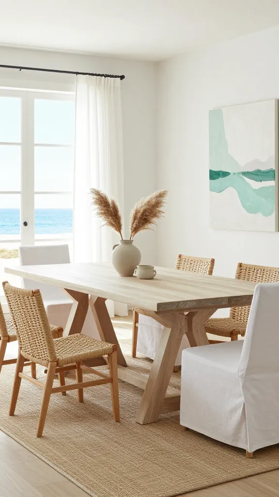 A high-quality, realistic photograph of a modern coastal chic dining room. The centerpiece is a large, whitewashed solid wood dining table with a distinctive trestle base. Surrounding the table are a mix of woven wicker dining chairs and crisp white linen slipcovered dining chairs, creating an inviting, relaxed atmosphere. The room's color palette features dominant crisp whites and sandy beiges, accented with soft seafoam green and subtle aqua tones in decorative elements and perhaps a large abstract artwork on the wall. Natural light floods the airy space through large windows, with sheer white curtains gently swaying. The flooring is light-toned wood, partially covered by a textured natural fiber rug. Minimalist coastal decor includes a simple ceramic vase with dried pampas grass on the table. The overall impression is one of serene, laid-back elegance, evoking a breezy seaside retreat. No text.