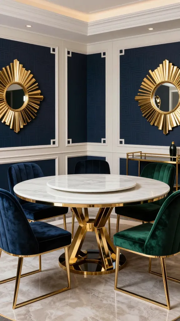 A high-quality, realistic, professional photograph of an opulent Art Deco-glam dining room. The centerpiece is a striking round dining table featuring a pristine white marble top and an intricate geometric gold metal base. Surrounding it are six luxurious velvet dining chairs; three are in deep navy with elegant fluted backs, and three are in rich emerald green with sleek polished chrome frames. The room's walls are painted in a sophisticated deep navy with subtle geometric patterns, complemented by creamy white architectural details. Mirrored accents and gleaming gold decorative elements, such as an an Art Deco sunburst mirror and a stylish bar cart, are strategically placed to enhance the luxurious ambiance. Soft, brilliant lighting illuminates the scene, emphasizing the rich textures and reflective surfaces. No text.