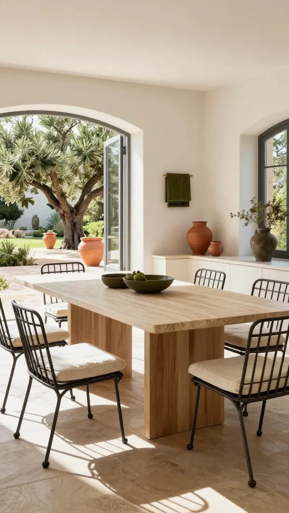 An eye-level, wide shot photograph capturing a stunning Mediterranean Modern dining room bathed in warm natural sunlight. The central feature is a large, rectangular dining table with a polished natural stone top in a creamy travertine hue, resting on a sturdy, clean-lined base of light, earthy brown solid wood. Surrounding the table are elegant wrought iron dining chairs with contemporary silhouettes, each fitted with thick, natural linen cushions in a creamy white tone. The room's walls are painted a soft, creamy white plaster, complemented by subtle accents of warm terracotta ceramic vases and deep olive green textiles, such as a table runner or throw. Large, arched windows or an open doorway frame a view of a sun-drenched outdoor terrace with ancient-looking olive trees and terracotta pots, allowing abundant light to stream in. The natural stone flooring adds to the grounded, earthy elegance. The space feels both airy and inviting, blending rustic Mediterranean charm with clean, modern lines. High resolution, realistic, sharp focus, professional photography, no text.