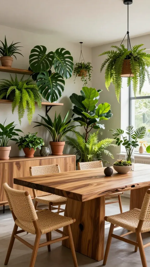 A high-quality, realistic photograph of a modern "Urban Jungle Retreat" dining room. Dominating the space is a magnificent live-edge wooden dining table, its natural, rustic finish and unique grain serving as the central modern design element. It is surrounded by woven rattan dining chairs that add organic texture. The room is transformed into a lush, green oasis with an abundance of diverse houseplants, ranging from tall, deep forest green monsteras and fiddle-leaf figs to vibrant lime green ferns and trailing pothos, artfully arranged on shelves, in floor planters, and hanging baskets. The color palette features rich greens, complemented by earthy neutral tones like beige walls and terracotta planters. Natural wood tones are prominent in the table and a sideboard. Subtle touches of black are incorporated through sleek, minimalist pendant lights hanging above the table and a modern metal plant stand, while a crisp white ceiling enhances the brightness. Soft, natural light streams in through a large window, illuminating the space and creating a fresh, vibrant, and profoundly calming atmosphere. The composition emphasizes the seamless blend of natural elements with chic modern furnishings, showcasing a stylish and inviting dining experience. Professional interior photography, wide shot, sharp focus.