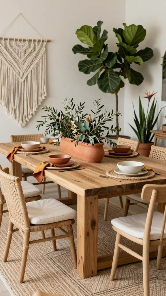 A high-quality, photorealistic wide-angle shot of a tranquil boho-chic dining area, bathed in soft natural light. The central focus is a substantial, reclaimed light wood dining table with visible grain and a matte finish, embodying natural elements. It's surrounded by a mix of chairs: some are crafted from woven rattan with comfortable cushions in creamy white, others are simple, sturdy wooden chairs in a complementary sandy beige tone. The tabletop is meticulously styled with a long, low terracotta planter overflowing with lush olive branches and dried eucalyptus, flanked by individual ceramic bowls in soft terracotta and creamy white, set atop round woven jute placemats. Hints of rust and mustard yellow are subtly introduced through linen napkins draped casually over the plates. In the background, a macrame wall hanging adds global texture, while large, thriving potted plants with broad green leaves (like Fiddle Leaf Figs or Strelitzia) bring the outdoors in, creating a serene, free-spirited haven. The floor features a textured rug in a warm neutral palette with subtle geometric patterns. The overall ambiance is relaxed, stylish, and inviting, with a clear sense of wanderlust and earthy comfort. No text.