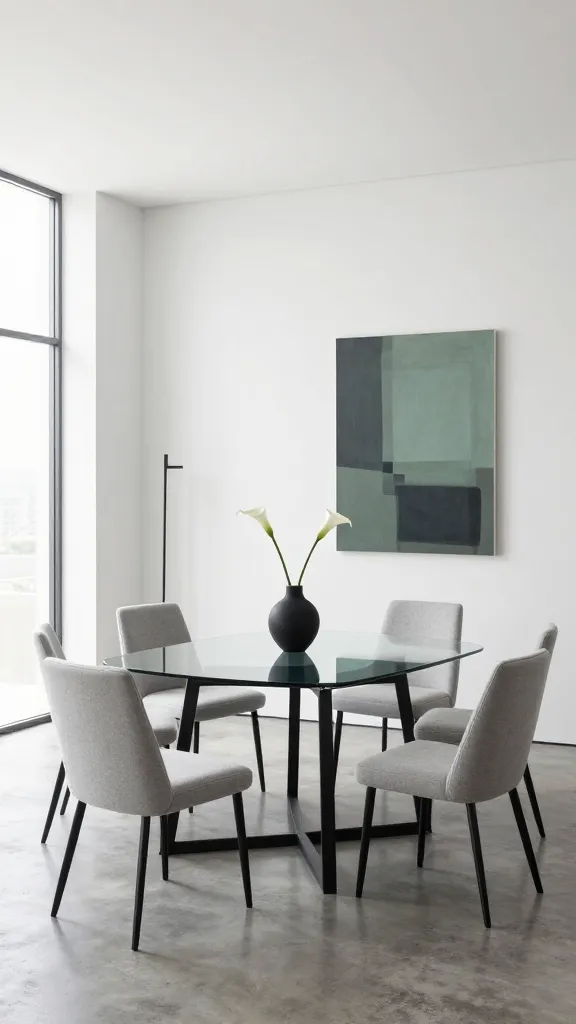 A high-resolution, professional interior photograph of a modern minimalist dining room. The centerpiece is a sleek, rectangular glass-top dining table with a minimalist black metal base. Surrounding it are six matching dining chairs with clean lines, upholstered in a light gray fabric, featuring slender black metal legs. The room's dominant color palette is monochromatic, featuring crisp whites on the walls, various shades of light and dark grays, and deep blacks in the furniture and accents. On one stark white wall, a single large abstract artwork provides a subtle pop of color with muted sage green and deep charcoal tones. The design emphasizes thoughtful negative space with minimal other decor, perhaps a tall, slender black floor lamp in a corner. Abundant natural light streams in from large windows, illuminating the polished concrete floor. On the dining table, a single elegant black ceramic vase holds a minimalist arrangement of two white calla lilies. The overall aesthetic is one of pure, unadulterated sophistication, clean lines, and understated elegance, with every element deliberately chosen for quality over quantity.