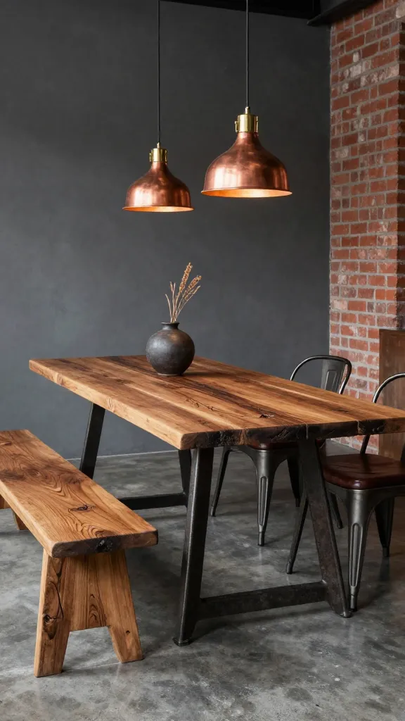 A robust reclaimed wood dining table with a substantial, dark aged steel or wrought iron base is the central feature in an industrial loft chic dining space. The table boasts a thick, distressed wooden top showcasing deep brown natural grains and visible imperfections. The room features a backdrop of a textured charcoal gray accent wall and a section of exposed red brick, complemented by dark polished concrete floors. Surrounding the table are minimalist chairs made of dark metal with rich, deep brown leather seats, or a matching reclaimed wood bench. Above the table, two minimalist, aged copper or brass pendant lights hang low, casting a warm, inviting glow. Subtle decor includes a dark ceramic vase with dried natural elements or a simple, dark-toned runner on the table. The overall aesthetic is tough yet inviting, celebrating raw materials and urban grit with surprising warmth. Realistic, high-quality photograph, professional interior design shot, sharp focus, natural lighting, no text.