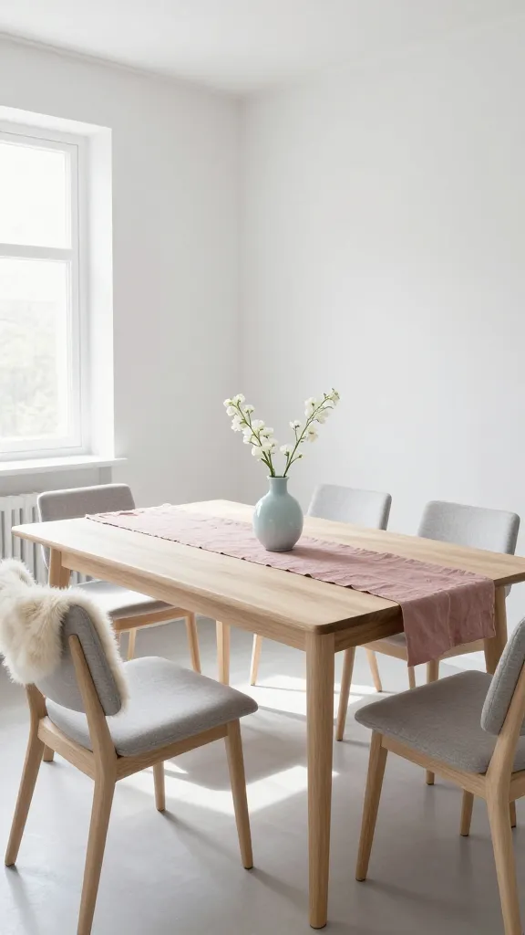A high-angle, realistic photo capturing a serene Scandinavian dining room bathed in abundant natural light. The centerpiece is a simple, elegant rectangular dining table crafted from pale ash wood, its blonde timber grain subtly visible and smooth. Crisp white walls and a matching ceiling amplify the brightness, creating an airy, uncluttered atmosphere. Around the table are minimalist dining chairs with light wood frames and soft gray upholstered seats. A single, delicate pale blue ceramic vase holds a few slender white flowers, acting as a subtle accent. A muted dusty pink linen runner is draped casually across one end of the table. Sunlight streams in from a large window on the left, casting soft shadows and highlighting the texture of a cozy, light-colored sheepskin throw draped over one chair. The overall scene exudes a sense of hygge, serenity, and functional beauty, with no extraneous clutter.