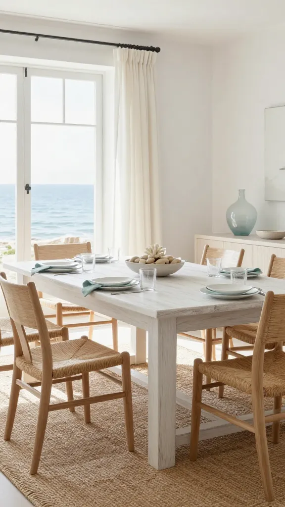 A high-quality, realistic photograph of an elegant coastal dining room. The central feature is a large, rectangular white-washed wooden dining table with a subtle, distressed finish, bathed in bright, soft natural light streaming from a large window. Surrounding the table are six light-toned wooden dining chairs with woven natural fiber seats, reflecting a breezy aesthetic. On the table, a minimalist setting includes crisp white ceramic dinnerware, soft aqua linen napkins, and clear glass tumblers. A simple centerpiece consists of a low, wide bowl filled with smooth, sandy beige river stones and a single, artfully placed piece of white coral. The walls are painted a serene crisp white, complemented by sheer, flowing cream curtains that gently filter the sunlight. A textured, natural jute rug in a sandy beige hue grounds the space. Subtle decorative touches include a large, pale blue glass vase on a nearby credenza. The overall atmosphere is airy, tranquil, and sun-kissed, evoking a sense of seaside serenity. No text.