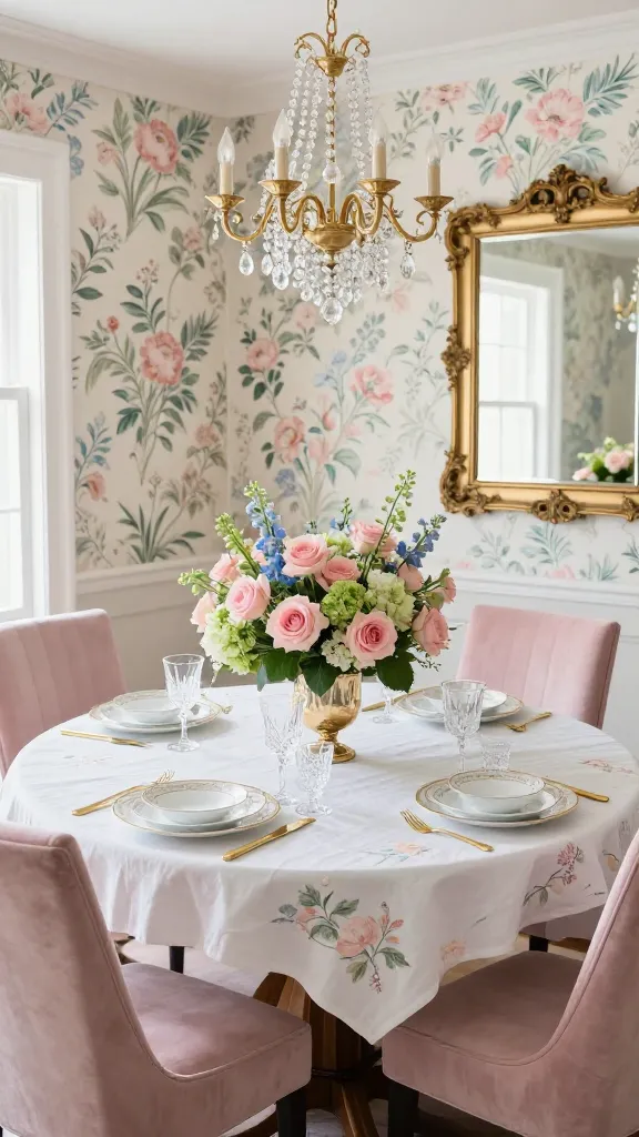A high-angle, realistic photo capturing a Grand Millennial Glam dining room, bathed in soft, natural light. The centerpiece is a classic, dark wood oval dining table, meticulously set with a crisp white linen tablecloth featuring delicate pastel floral embroidery. Elegant white china with intricate gold rimming, crystal water glasses, and polished gold cutlery adorn each place setting. A lush, overflowing centerpiece of pastel pink roses, green hydrangeas, and blue delphiniums sits in a ornate gold mercury glass vase. Surrounding the table are six modern dining chairs with classic silhouettes, upholstered in a soft blush pink velvet. The walls are covered in a sophisticated chintz wallpaper featuring intricate floral patterns in shades of pastel pink, sage green, and sky blue against a soft cream background. A large, ornate gold-framed mirror hangs on one wall, reflecting the bright natural light from a nearby window. A delicate gold chandelier with crystal accents hangs gracefully above the table. The overall atmosphere is maximalist yet refined, exuding a fresh, playful, and glamorous aesthetic.