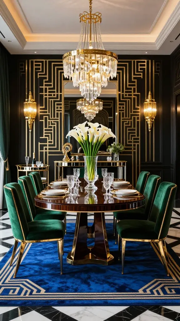 A high-quality, realistic photograph of an opulent Art Deco dining room, exuding sophisticated 1920s glamour and bold geometric flair. The focal point is a sleek, high-gloss dark wood dining table, perfectly centered and immaculately set for a dramatic occasion. Surrounding the table are elegant Art Deco dining chairs, upholstered in deep emerald green velvet with polished gold frames. The room's color palette features rich jewel tones, with sapphire blue accents on a luxurious geometric patterned rug, contrasting with a bold black and white marble floor. Walls are adorned with a striking black and gold geometric patterned wallpaper. Metallic gold accents are prominent in the intricate, multi-tiered crystal and gold chandelier hanging directly above the table, the decorative wall sconces, and the gold-rimmed dinnerware and flatware on the table. A dramatic, tall crystal vase holds a striking arrangement of white calla lilies as the centerpiece. A polished, mirrored Art Deco bar cart, laden with a bottle of champagne and crystal flutes, is visible in the background, hinting at a celebration. The entire scene showcases striking symmetry and luxurious materials, bathed in warm, atmospheric lighting that enhances the dramatic sense of occasion. No text.