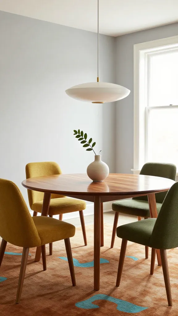 A bright, realistic eye-level photograph capturing a sophisticated Mid-Century Modern dining room. Central to the scene is an elegant, oval-shaped warm teak wood dining table, its surface gleaming. Around it are four iconic dining chairs, two upholstered in a rich mustard yellow and two in a deep avocado green, showcasing their clean lines and organic curves. The walls are painted a soft light gray, allowing a large window to flood the space with natural light. Above the table, a classic Mid-Century Modern pendant light fixture with brass accents gently illuminates the scene. On the table, a minimalist ceramic vase holds a single sculptural plant, adding a touch of organic texture. The floor beneath features a subtle, low-pile rug with abstract patterns in muted burnt orange and turquoise tones. The overall aesthetic is functional, stylish, and exudes timeless retro cool.