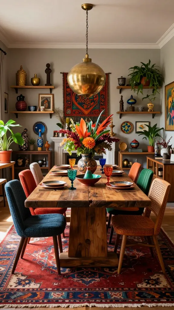 A wide-angle, high-resolution photograph capturing an Eclectic Global Wanderer dining room. At the heart of the scene is a large, rustic wooden dining table, rich with character and natural imperfections, serving as the central gathering point. It is surrounded by an assortment of unique, non-matching dining chairs, each contributing its own texture and design, yet harmoniously blending into the vibrant space. The room is awash in a palette of rich jewel tones—deep reds, oranges, emerald greens, and sapphire blues—strategically balanced by grounding earthy neutrals on the walls and a richly patterned rug beneath the table. Metallic accents of gold, brass, and copper gleam from a unique, artisan-crafted pendant light fixture hanging above, as well as from decorative objects and the sophisticated table setting. The table itself is dressed with a collection of handcrafted pottery, colorful glassware, and metallic flatware, centered around an intriguing display of global artifacts or a lush, exotic floral arrangement in a distinctive vase. The background features shelves and walls adorned with collected treasures from around the world: intricate textiles, carved wooden sculptures, framed global art, and vibrant plants, all contributing to a personal, adventurous, and utterly unique atmosphere. Natural light streams into the room, highlighting the diverse textures and colors, creating a warm and inviting ambiance.