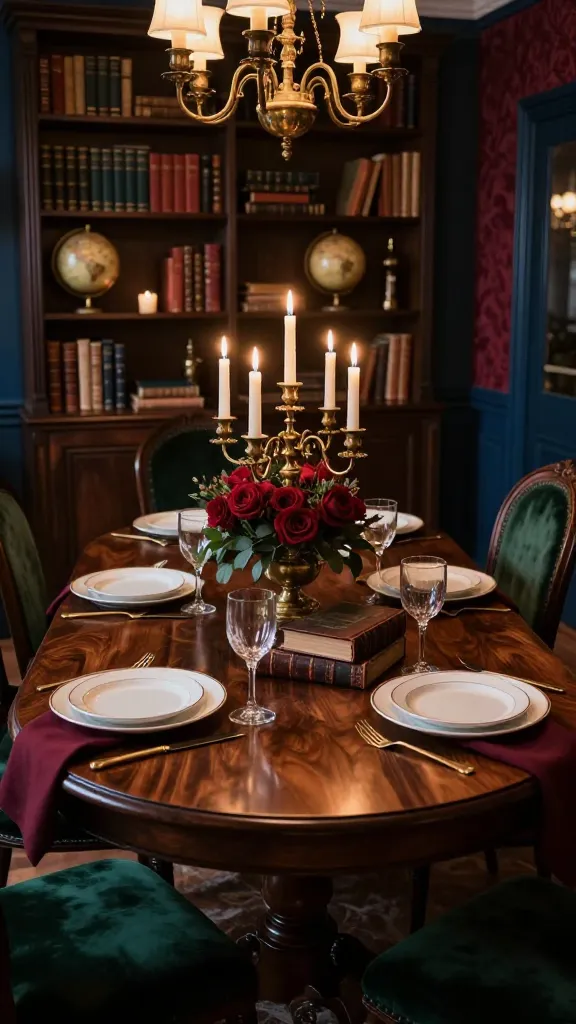 A high-quality, realistic photograph capturing a luxurious Dark Academia dining room, centered around a large, heavy dark wood dining table crafted from rich mahogany or walnut. The table is elegantly set for an intimate dinner, featuring creamy off-white ceramic plates with subtle gold rims, polished brass cutlery, and deep burgundy linen napkins. A vintage brass candelabra with flickering taper candles serves as the centerpiece, flanked by a moody floral arrangement of dark red roses and deep green foliage, and a small stack of antique leather-bound books. Surrounding the table are antique-inspired dining chairs upholstered in deep forest green velvet. In the background, a floor-to-ceiling dark wood bookshelf overflows with leather-bound books and vintage globes, set against a wall painted in a rich, deep blue or textured burgundy wallpaper. Atmospheric, warm light emanates from a brass chandelier and the flickering candles, casting soft shadows and highlighting the textures, creating a cozy, intellectual, and slightly mysterious ambiance. No text.