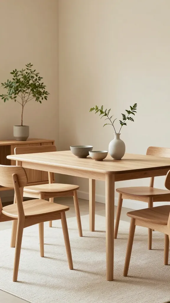 A high-quality, realistic photo of a Japandi-style dining room, bathed in soft, natural light. The focal point is a simple, low-profile dining table crafted from light ash wood, featuring clean lines and a smooth, matte finish. It is paired with four minimalist, spindle-back dining chairs in a matching light wood tone, showcasing elegant simplicity. The room's walls are painted in a soft, warm beige, complemented by a creamy white textured rug underneath the table. On the table, a few handcrafted ceramic bowls in a muted gray and warm white are subtly arranged, alongside a small, delicate ceramic vase holding a single, slender green botanical stem. A larger, serene houseplant with subtle green leaves sits in a minimalist pot on a nearby low wooden credenza. The overall atmosphere is one of profound calm, understated elegance, and cozy functionality, emphasizing natural materials and a muted earth-tone color palette. The image is sharp, well-composed, and captures the serene blend of Japanese aesthetics and Scandinavian warmth.